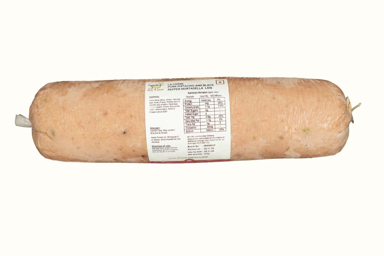 La Carne Premium Pork Pistachio & Black Pepper Mortadella Log, 1 kg